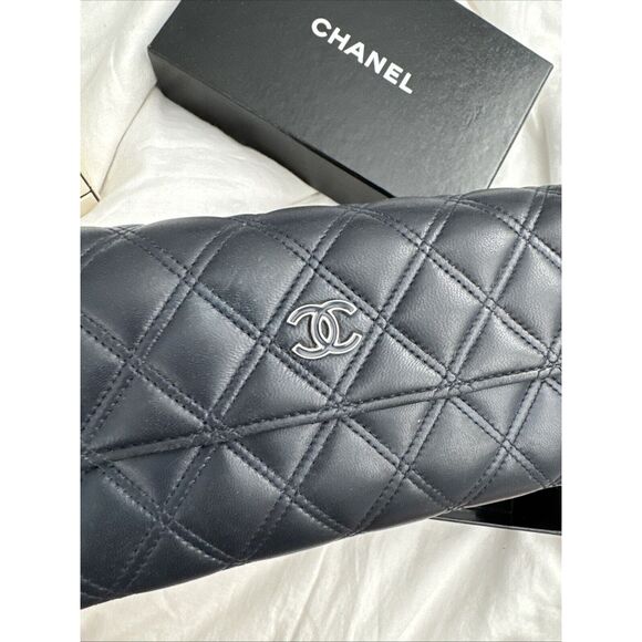 CHANEL Logo Navy Silver Toe Double Stitch Long Wallet W/box - Picture 3 of 16